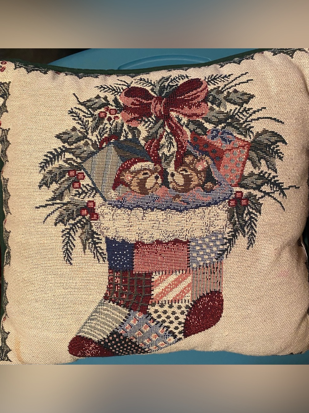 Holiday Tapestry Stocking Decorative Throw Pillow - Red, Blue, Cream
